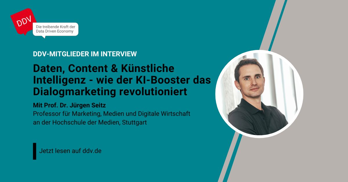Prof. Dr. Jürgen Seitz, Professor für Marketing, Medien und Digitale Wirtschaft an der <a href="/hdm_stgt/">Hochschule der Medien (HdM)</a>, ist einer der führenden Experten für digitales Marketing in Deutschland und Mitglied im DDV.   

➡️ Wir haben mit ihm über KI-Technologien gesprochen: bit.ly/3Sn7u20