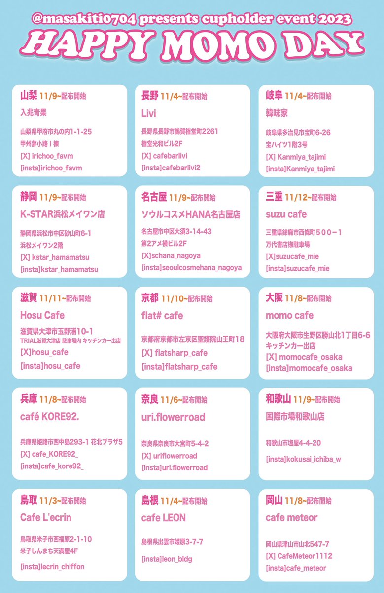 masakiti0704's tweet photo. 【告知】遂にモモりんの全国でセンイルイベント止画！！イベント会場・期間発表！！🍑👏✨

今回みんなのおかげでなんと全国43会場でモモりんのお誕生日イベントを開催することが決定しました🥹🩷

残念ながら4県のカフェさんも頑張ったのですが力及ばずで 😭（せっかくみんな頑張ってくれたのにごめんよ🥺）

みなさん是非！遊びに行ってカップホルダーも手に入れてね 🫶🩵✨

⚠️各会場個数に制限がありますので早めに行くのをおすすめします⚠️

#HappyMomoDay #おしぴがしゅき