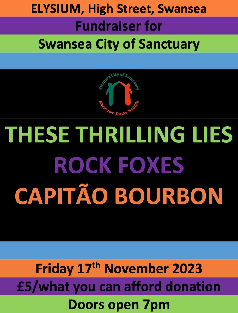 Exciting news - Swansea/Port Talbot based band These Thrilling Lies are playing at @elysiumgallery on Friday 17th November with Rock Foxes and Capitáo Bourbon, and are very kindly raising funds for Swansea City of Sanctuary! Doors open from 7pm 🎶