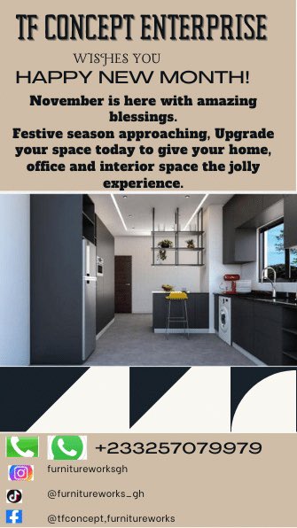 concept_tf's tweet photo. Wishing you a Fruitful New Month of November 
#tfconcept 
#furnitureworksgh
#interiordesign 
#interiorfurniture 
#dreamhome 
#dreamkitchen #moderninteriorcabinet 
#design 
#production 
#installation
#womanempowerment
#ladycarpenter 
#thebest https://t.co/IfhM8ylg8b