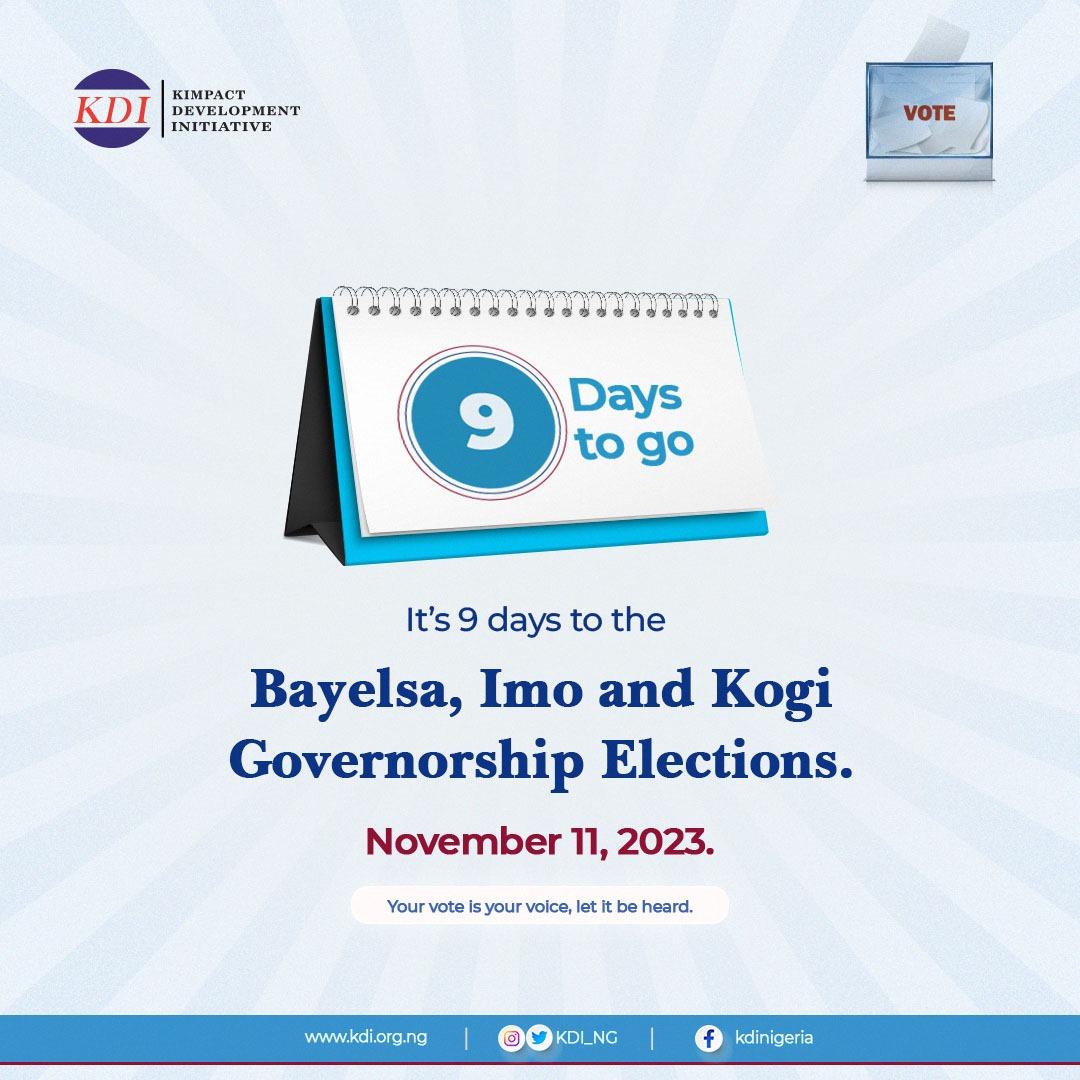 The good people of Bayelsa, Imo and Kogi states, this is your chance to choose your leaders at state level. @KDI_ng urge you to actively participate in the upcoming off-cycle governorship elections. Remember your vote is your voice, let it be heard.
#OffcycleElections #Countdown