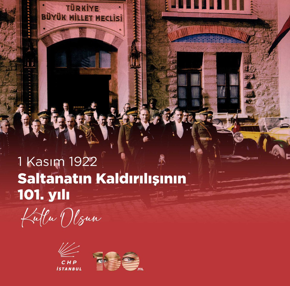 Cumhuriyetimizin kuruluşu ve fikri hür, vicdanı hür nesiller yetiştirme yolunda atılan en büyük adımlardan olan saltanatın kaldırılışının 101. yılında Büyük Önderimiz Mustafa Kemal Atatürk ve yol arkadaşlarını minnetle anıyoruz. Yaşasın Cumhuriyet!