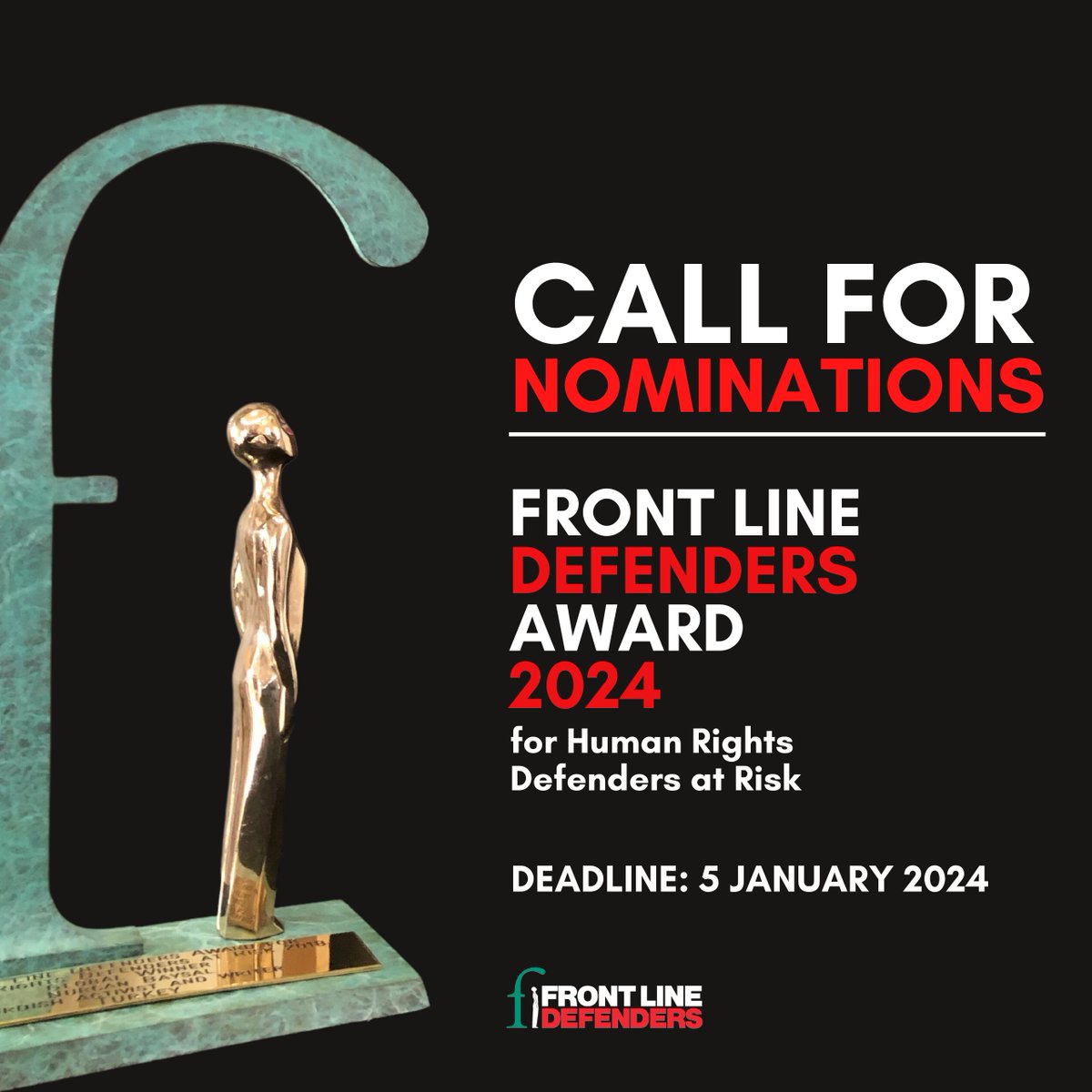 🚨Nominations for the Front Line Defenders 2024 Award for Human Rights Defenders at Risk are officially open!

➡️Who can be nominated? 
➡️How many winners are there?
➡️What do winners receive? 

All info and nomination forms here:

frontlinedefenders.org/en/call-nomina…