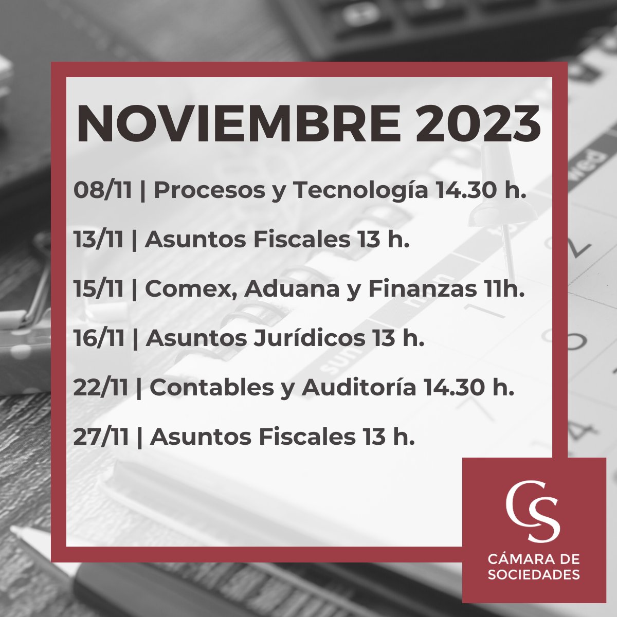 👉 Agenda NOVIEMBRE 2023 de los Consejos Consultivos!  

Ingresá en la web y asociá a tu empresa para participar de las mesas de trabajo junto a los profesional de las principales instituciones: camaradesociedades.com/consejos-consu…