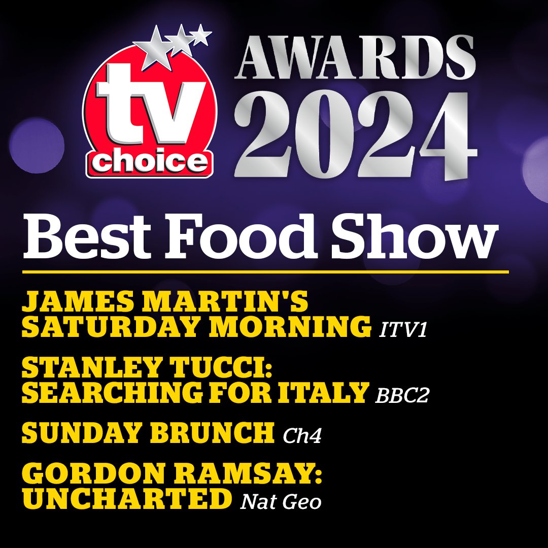 Our next 2024 #tvchoiceawards category is BEST FOOD SHOW Which of these shortlisted shows gets your vote? CLICK HERE TO VOTE NOW tvchoicemagazine.co.uk/vote @jamesmartinchef @ITV @MrStanleyTucci @BBCTwo @SundayBrunchC4 @Channel4 @GordonRamsay @NatGeo