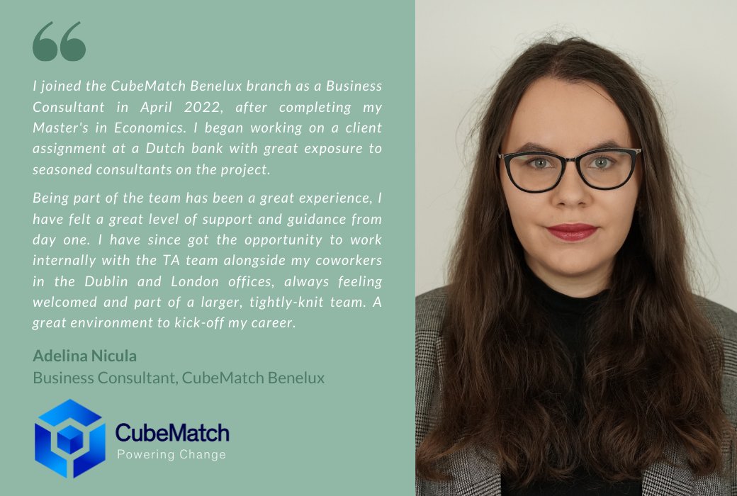 🔊💬💼Employee Testimonial💼💬🔊 Adelina Nicula joined CubeMatch Benelux as a Business Consultant in April 2022. #LifeatCubeMatch #employeetestimonials #consultantlife