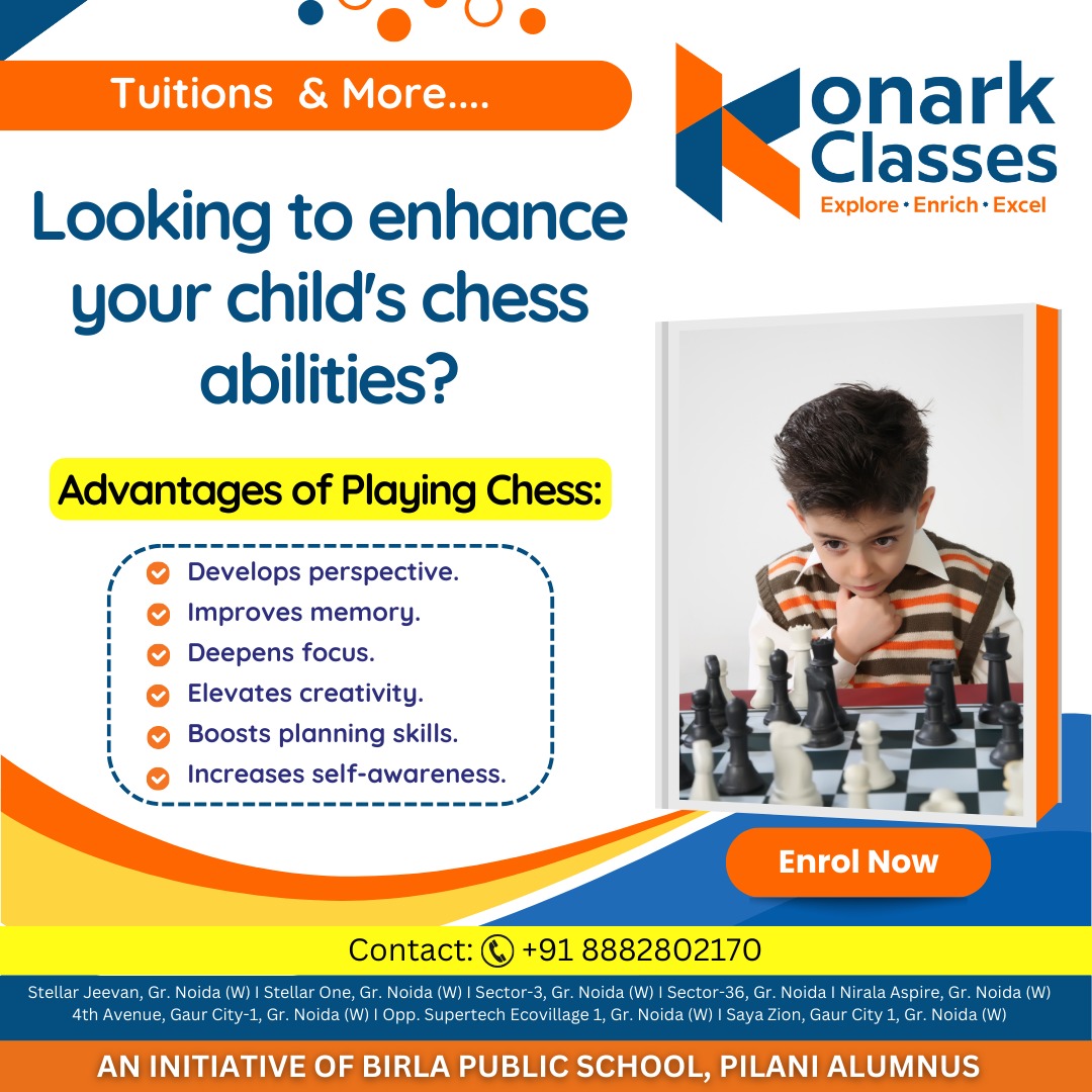 KonarkClasses's tweet image. 🎉Dear parents! is your child interested to learn Chess?
Konark Classes provide personalized guidance to enhance child&apos;s Chess abilities to make a positive impact on their future.

For more details Call: +91 8882802170

#TuitionClasses #ChessClasses #ChessLearning
