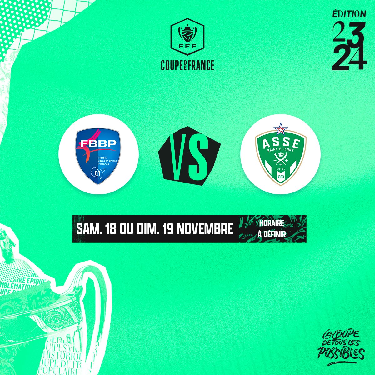 ASSEofficiel's tweet photo. 🏆 Nos Verts affronteront le @FBBP01 (N2) pour leur entrée en lice en @coupedefrance 🇫🇷 à l'occasion du 7e tour !
Rendez-vous au Stade Marcel-Verchère de Bourg-en-Bresse le 18 ou le 19 novembre prochain ! 👋💚 https://t.co/eQ07eWIbcg