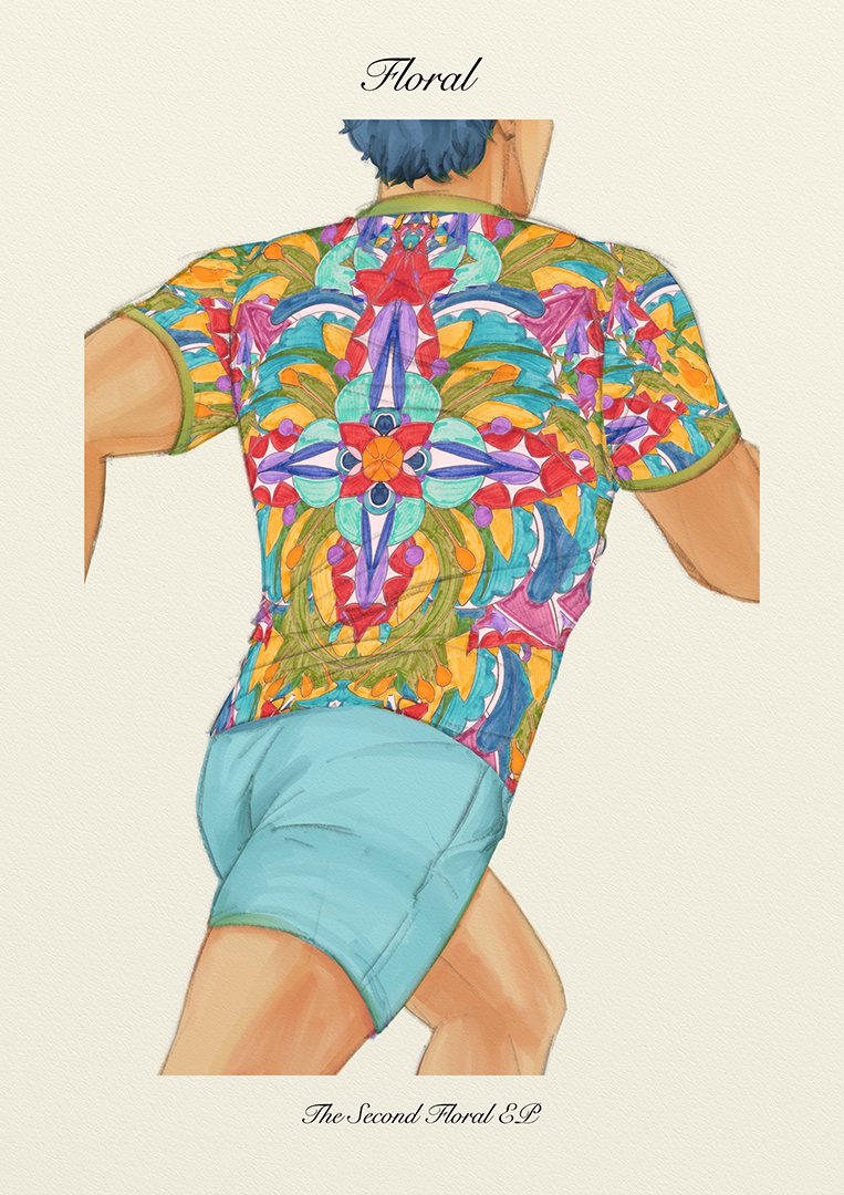 🌺🪻 Happy 8th anniversary to The Second Floral EP 🪻🌺

(The shirt pattern is the actual EP artwork made by Floral's guitarist <a href="/natefromfloral/">Nate from Floral</a> and Catherine Linetsky, and I drew the rest.)