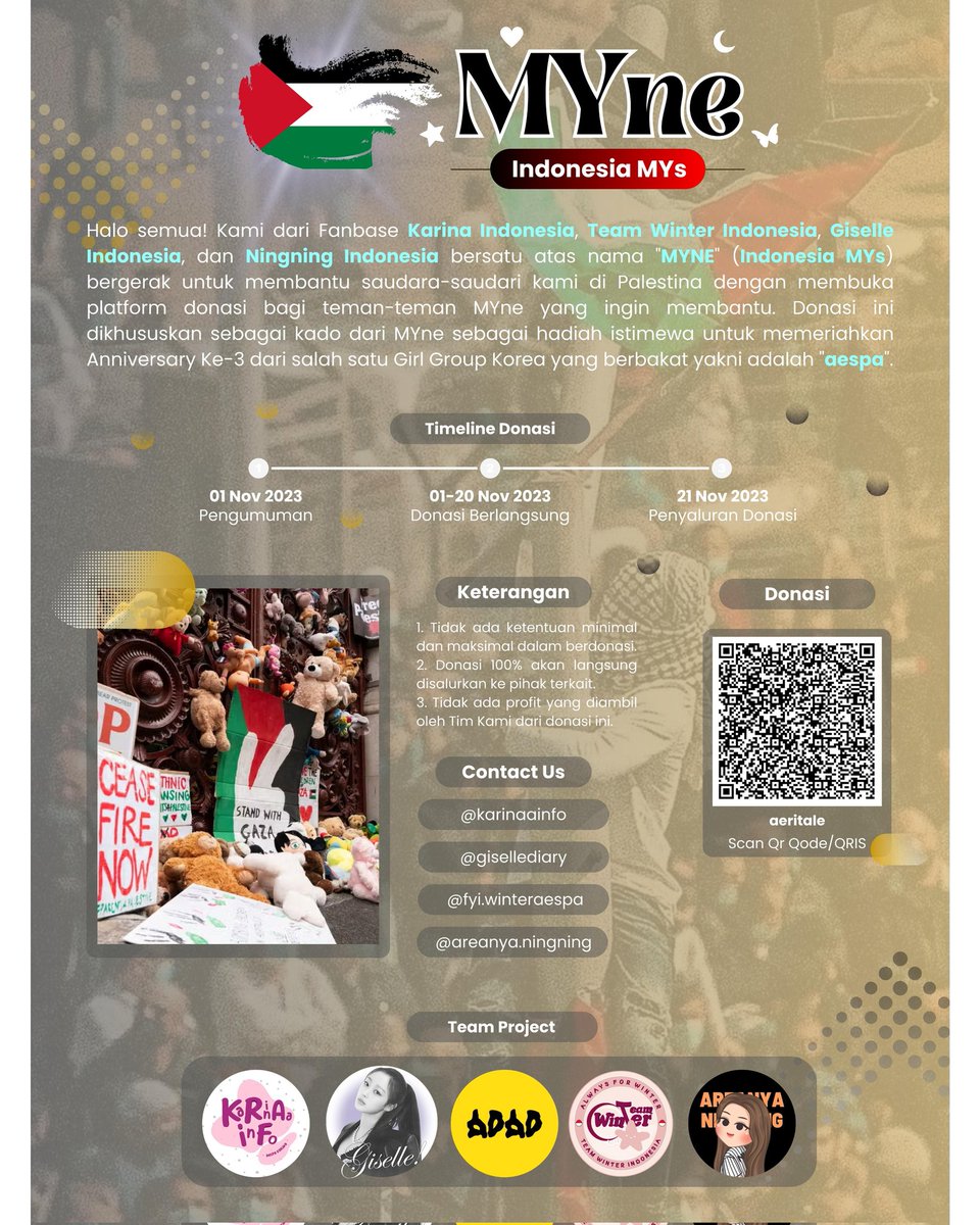karinaaainfo's tweet photo. "MYNE" IS READY TO HELP PALESTINE 🇵🇸

Indonesia Loveyus, Aerishines, Team Winter &amp; Ningmengs mari bersatu sebagai perwakilan "MYne" untuk membantu saudara-saudari kita di Palestina.

Link Donasi 👇🏻
🔗 https://t.co/JKcRC4aruf https://t.co/1kj25PCXLn