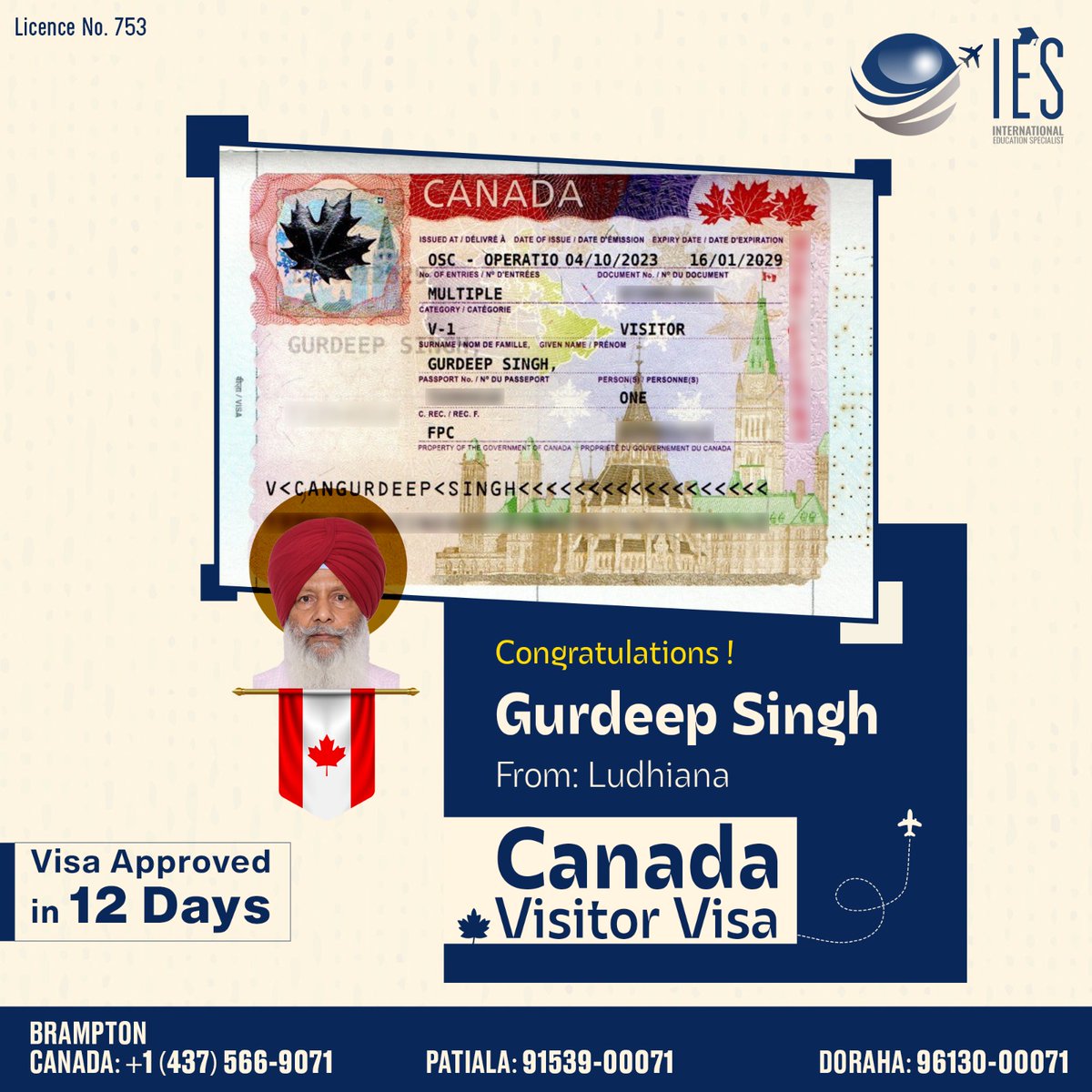 IesOverseas's tweet image. Heartfelt congratulations to Gurdeep Singh as his 🇨🇦 Canada visitor visa was approved within just 12 days.

We wish you an unforgettable journey in Canada! 
.
.
#IESOverseas #CanadaVisitorVisa #FlyAbroad #Canada #ImmigrationConsultants #VisaApproved #VisaSuccess