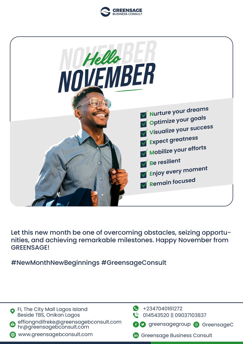 Let this #new #month be one of overcoming obstacles, seizing opportunities, and achieving remarkable milestones. #Happy #November from GREENSAGE! 

#greensageconsult #gbc #newmonth #newbeginnings #november #sharpenyouredge
