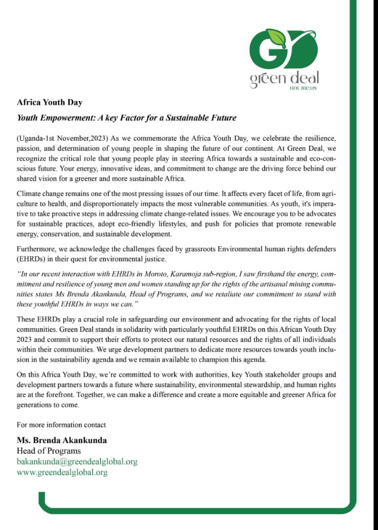 progreendeal's tweet photo. ๐#Uganda| #AYD2023 | As we commemorate this yearโs Africa Youth Day, we celebrate the resilience, passion, and determination of young people in shaping the future of our continent. Read a statement from our Head of Programs @uwase_brendaโคต๏ธ
#ForTheEnvironment |#StandWithWHRDs https://t.co/kXXRBWdOj6