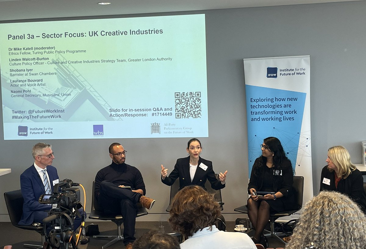 FutureWorkInst's tweet photo. Actor and voice artist, Laurance Bouvard, explaining specific risks to creatives from gen. #AI, at #MakingTheFutureWork UK Creative Industries focus session, inc. Nancy Pohl from @WeAreTheMU, Mike Katell from @TuringPubPol . Live stream/full agenda here: https://t.co/sYRmGLdeGN https://t.co/ZMyWkP6Tjn