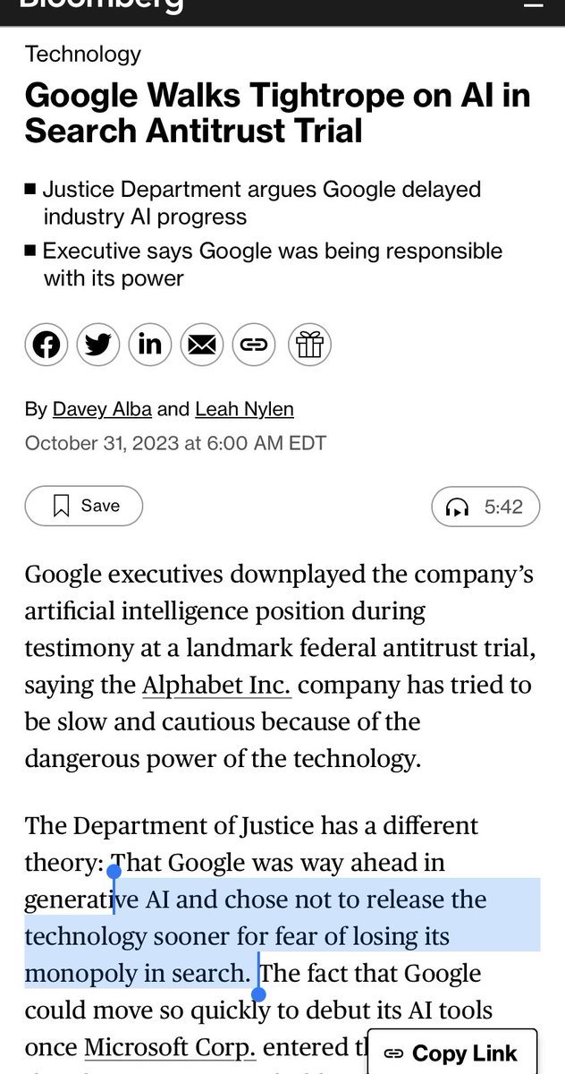 adamkovac's tweet photo. The DOJ’s theory here is absurd.

Google went slow on Gen AI out of both caution and age/size. 

OpenAI lapped them, spurring G to step up. 

That competition is good. https://t.co/DufLjE8XY0