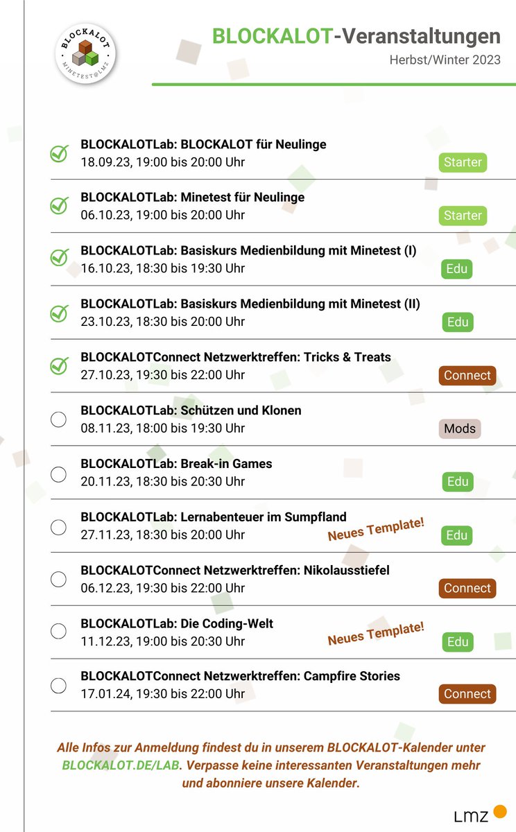 Hier ist für alle was dabei! Bilde dich mit #BLOCKALOTLab weiter &amp; tausch dich bei #BLOCKALOTConnect mit anderen kreativen und offenen Kolleg:innen, die das Lernen zukunftsorientiert gestalten wollen, aus. Jetzt anmelden! ✏️blockalot.de/lab #twlz #edubw <a href="/lmz_bw/">Landesmedienzentrum BW</a>
