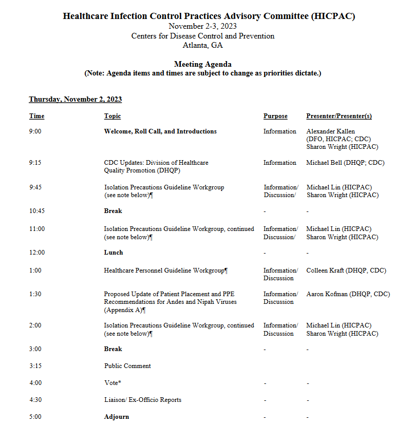 Friesein's tweet photo. Addendum: Here's the meeting agenda for the upcoming HICPAC meeting on November 2 and 3, 2023.

Live webcast link will be posted on this page: https://t.co/DgtmwF6Xvz https://t.co/9xF2vyinKG