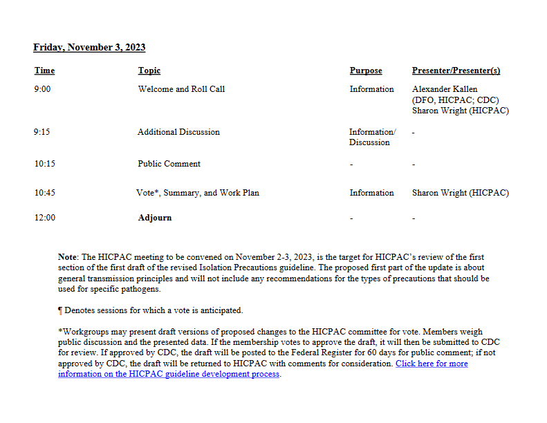 Friesein's tweet photo. Addendum: Here's the meeting agenda for the upcoming HICPAC meeting on November 2 and 3, 2023.

Live webcast link will be posted on this page: https://t.co/DgtmwF6Xvz https://t.co/9xF2vyinKG