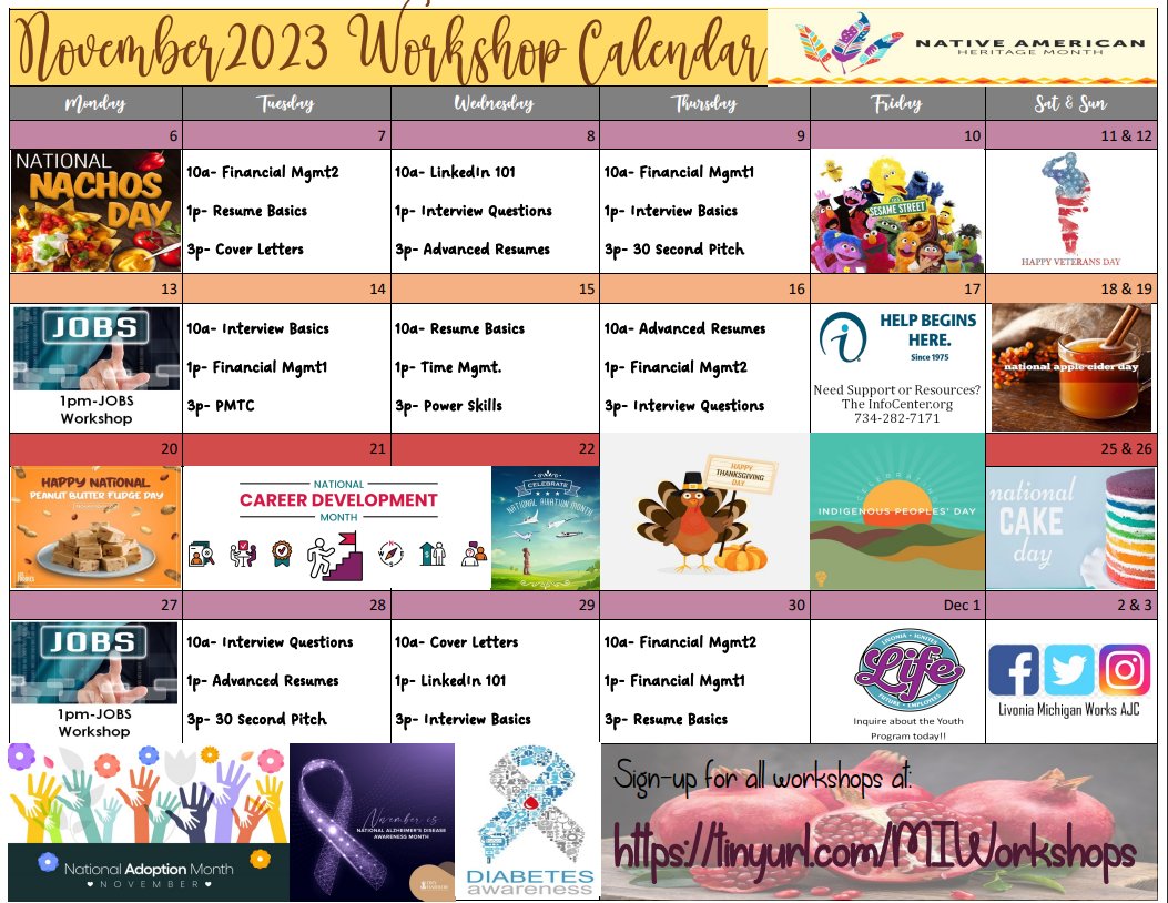 SEMCA_MWA_LIV's tweet image. 📅 Explore our November workshops! Enhance your skills and boost your career with Michigan Works! Livonia.

🔗 Register here: (tinyurl.com/MIWorkshops). Don't miss out! 💼🌟 #MichiganWorks #Livonia #CareerBoost 🍂📚