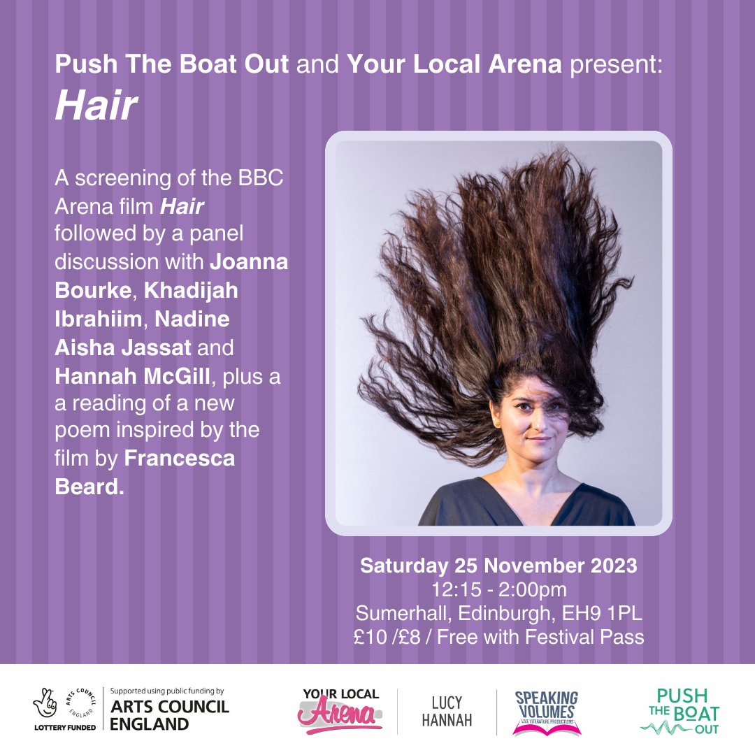 #YourLocalArena & @PTBOpoetry present a screening and panel talk of the pioneering BBC Arena film 'Hair' from the #BBCArenaFilmArchive. Find out more at bit.ly/ylahair @LucyHannah19 @FrancescaBeard #PTBO23 #ACEsupported #EDINBURGH #poetrycommunity #festival #spokenword