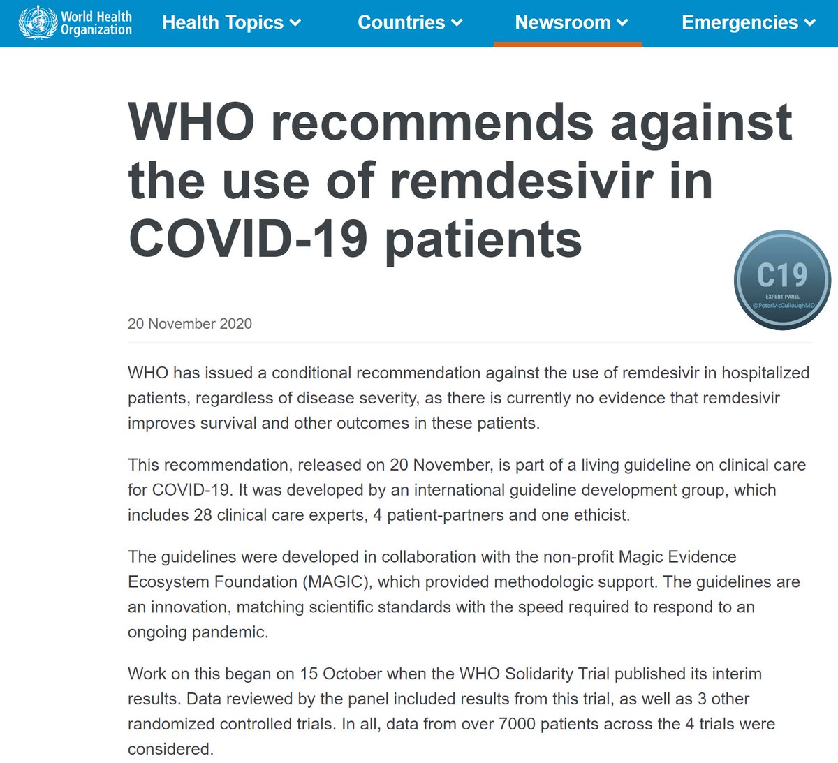 P_McCulloughMD's tweet photo. .@WHO was right.  Remdesivir should NEVER have been used in hospitalized patients. Why did they allow this to happen? @IDSAInfo @SCCM @ACPinternists @SocietyHospMed @NIAIDNews @nkf @ASNKidney @ahahospitals @TJCommission @ANANursingWorld   #courageousdiscourse https://t.co/zPpjLYBQhQ
