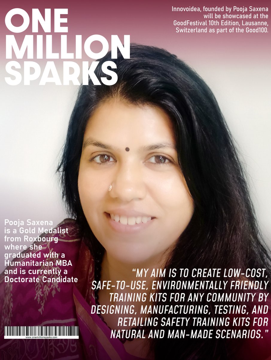 GoodPowWow's tweet photo. Today, OneMillionSparks is celebrating POOJA SAXENA, the founder of Innovoidea. Her mission is to "build capacity resilience programs for disaster preparedness by training local communities on equipment and safety gear. https://t.co/xlDiaA2hue
#GetGoodDone https://t.co/elCww6Z4Wj