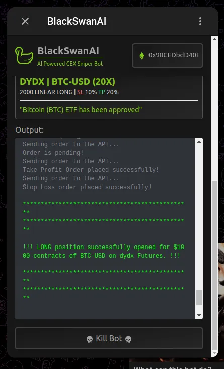 BlackSwanETH's tweet photo. SURPRISE DROP: We are proud to announce release of Phase 4.5 of BlackSwan AI. ADDING DEX FUTURES support w/ dYdX &amp; ONE-CLICK MANUAL trading w/ 3 custom presets to your private feed! Read our exciting press release w/ exciting plans below
https://t.co/zvuDE9aX1b #BLACKSWAN $BSWAN https://t.co/wgF67XePuu