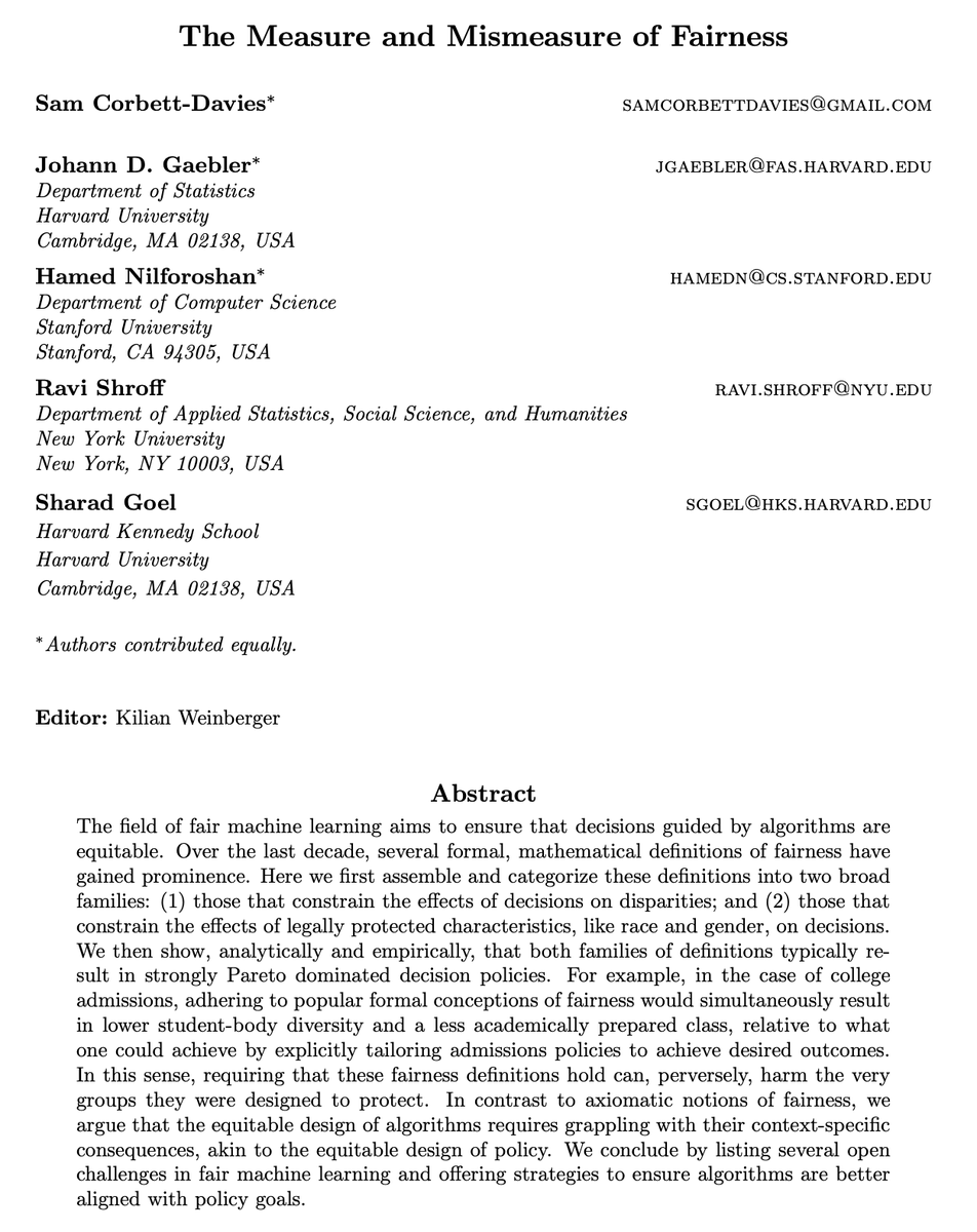 Our paper 'The Measure and Mismeasure of Fairness' — long in draft form — is now out in JMLR! We show common error rate measures are often misleading indicators of algorithmic bias, and argue it's better to evaluate algorithms by looking at their effects. 5harad.com/papers/fair-ml…