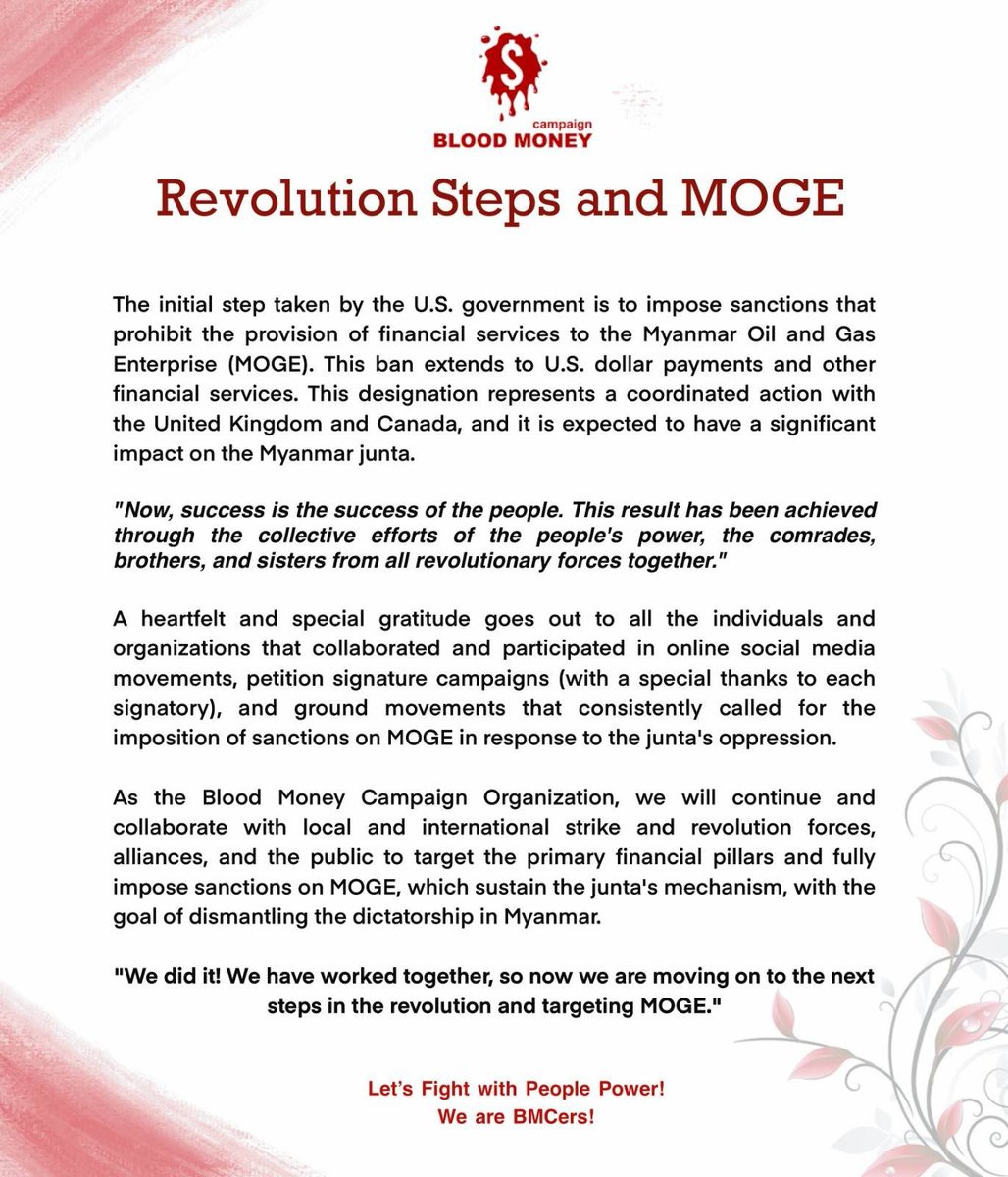 bloodmoney22222's tweet photo. The result of #US_SanctionMOGE is the achievement of the collective efforts of the people's power, the comrades, brothers, and sisters from all revolutionary forces together. We did together, also we are moving to next steps in the revolution. Let’s keep fight with People power! https://t.co/IzeGKWBnYm