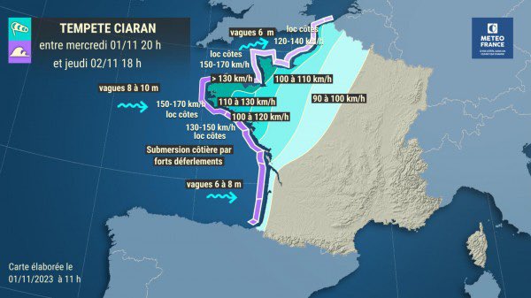 meteofrance's tweet photo. ⚠️ Tempête #Ciaran : attention aux vents violents, aux fortes vagues et aux fortes pluies.

🔴🟠 En + des vents violents qui vont toucher le quart Nord-Ouest, le risque de vagues-submersion concerne toute la façade atlantique et la Manche.

Notre point : https://t.co/lSud1NRul9 https://t.co/QtakRaTCLB