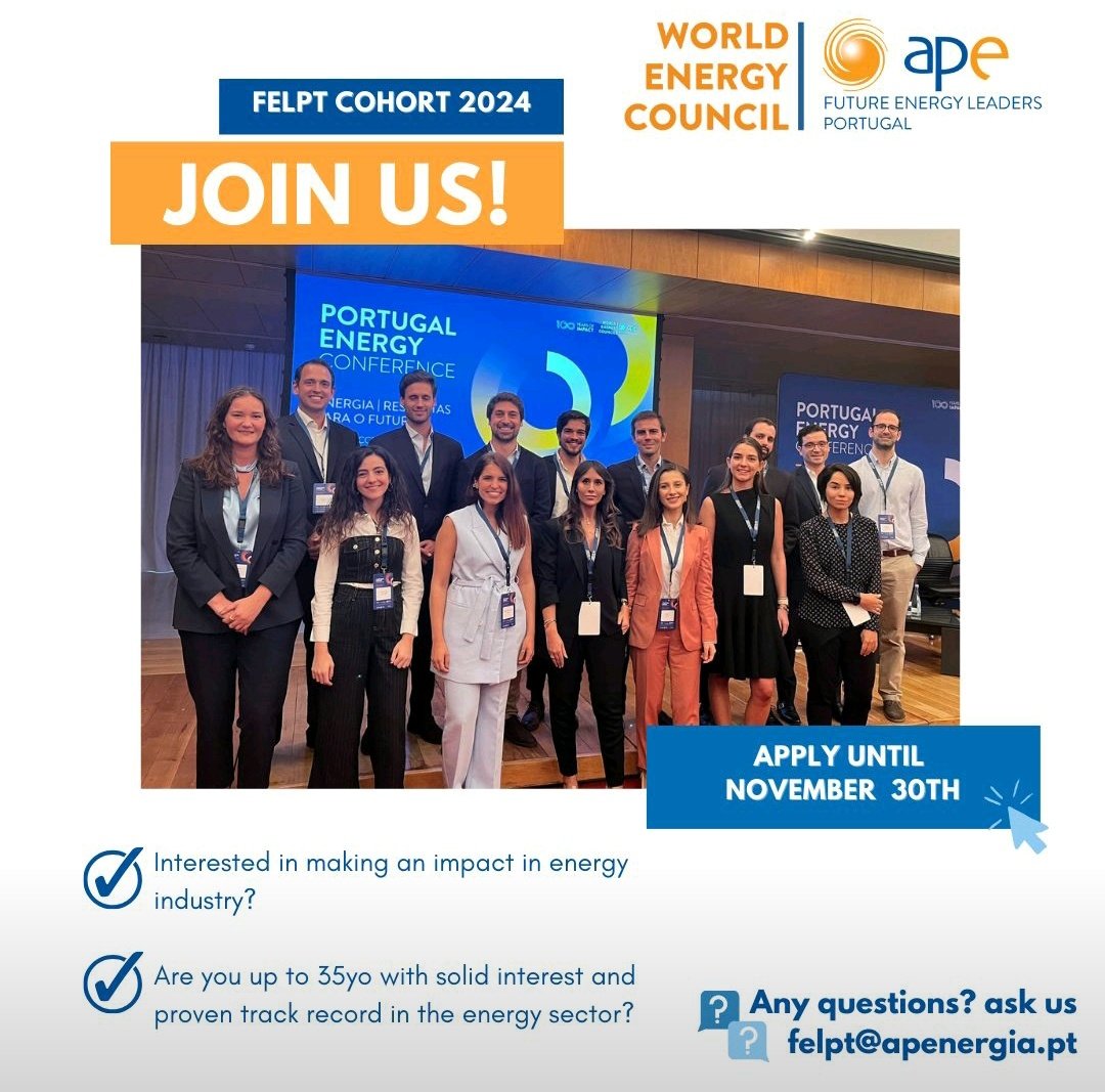🤩 Exciting moment has arrived! #FELPT Applications are officially open! Ready to drive change in the energy transition? Apply now for #FELPT2024 👉forms.gle/DuV7QYM8AJGh6V… 👀 Questions? Contact us at felpt@apenergia.pt 👌 #energiapt <a href="/APEnergia/">Associação Portuguesa da Energia</a> <a href="/mulheresenergia/">Mulheres na Energia</a> <a href="/WECouncil/">World Energy Council</a>