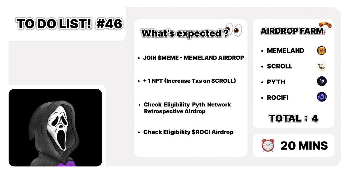 asedd72's tweet photo. TO DO LIST! #46

🔹 Join $MEME - MEMELAND AIRDROP
🔗 - https://t.co/AE2tIlGGDH

🔹 + 1 NFT (Increase Contracts on SCROLL) 
🔗 - https://t.co/V2c5JR7tFm

🔹 Check Eligiblity Pyth Network Retrospective Airdrop 
🔗 - https://t.co/DHxAImEnMb

🔹 Check Eligibility $ROCI Airdrop
🔗 - https://t.co/07g1pY2uCb