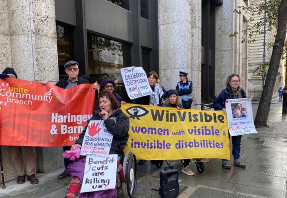 Disabled mums are doubly discriminated against: denied Care Act support to look after our children, and denied benefits security -- cut off for 'failure to attend' an interview, or stuck in DWP systemic delays. On Monday we protested at DWP vs harsher work capability test #WCA