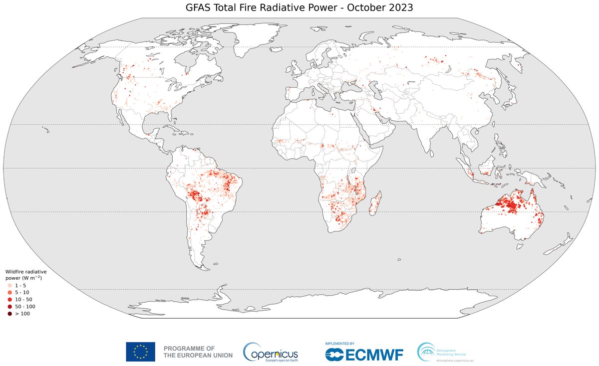m_parrington's tweet image. Global #wildfires #openburning intensity &amp;amp; emissions for October 2023 in #CopernicusAtmosphere Monitoring Service GFAS data confluence.ecmwf.int/display/CKB/CA…. Large-scale fires in N Australia, Bolivia &amp;amp; SH tropics seasonal fires contributing to highest Oct &amp;amp; Jan-Oct global total since 2015