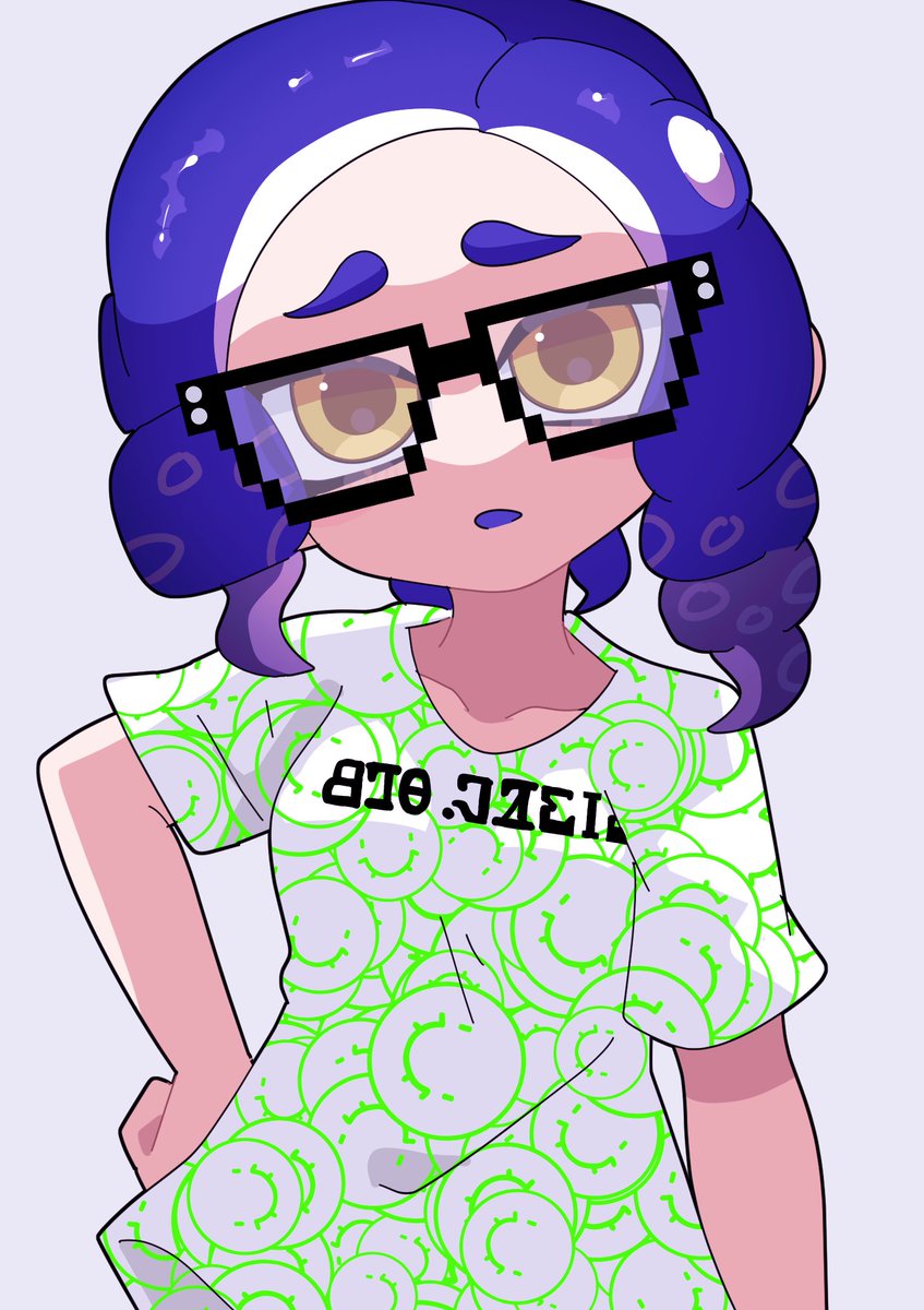 1girl solo shirt simple background hand on hip glasses tentacle hair  illustration images