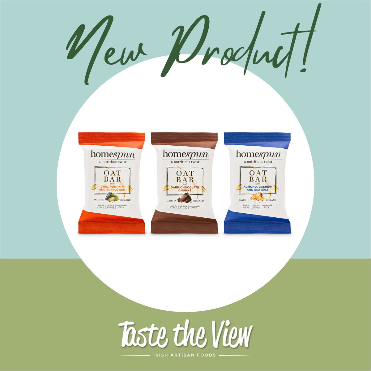 Brand new Oat Bars from <a href="/Homespun_foods/">Homespun_ie</a> are now available to order 😋

They come in 3 delicious flavours:
🌻 Chia, Pumpkin &amp; Sunflower
🍫 Dark Chocolate Chunk
🌊 Almond, Cashew &amp; Sea Salt

The bars are vegan and packed in compostable film.

Contact your TTV rep to order!