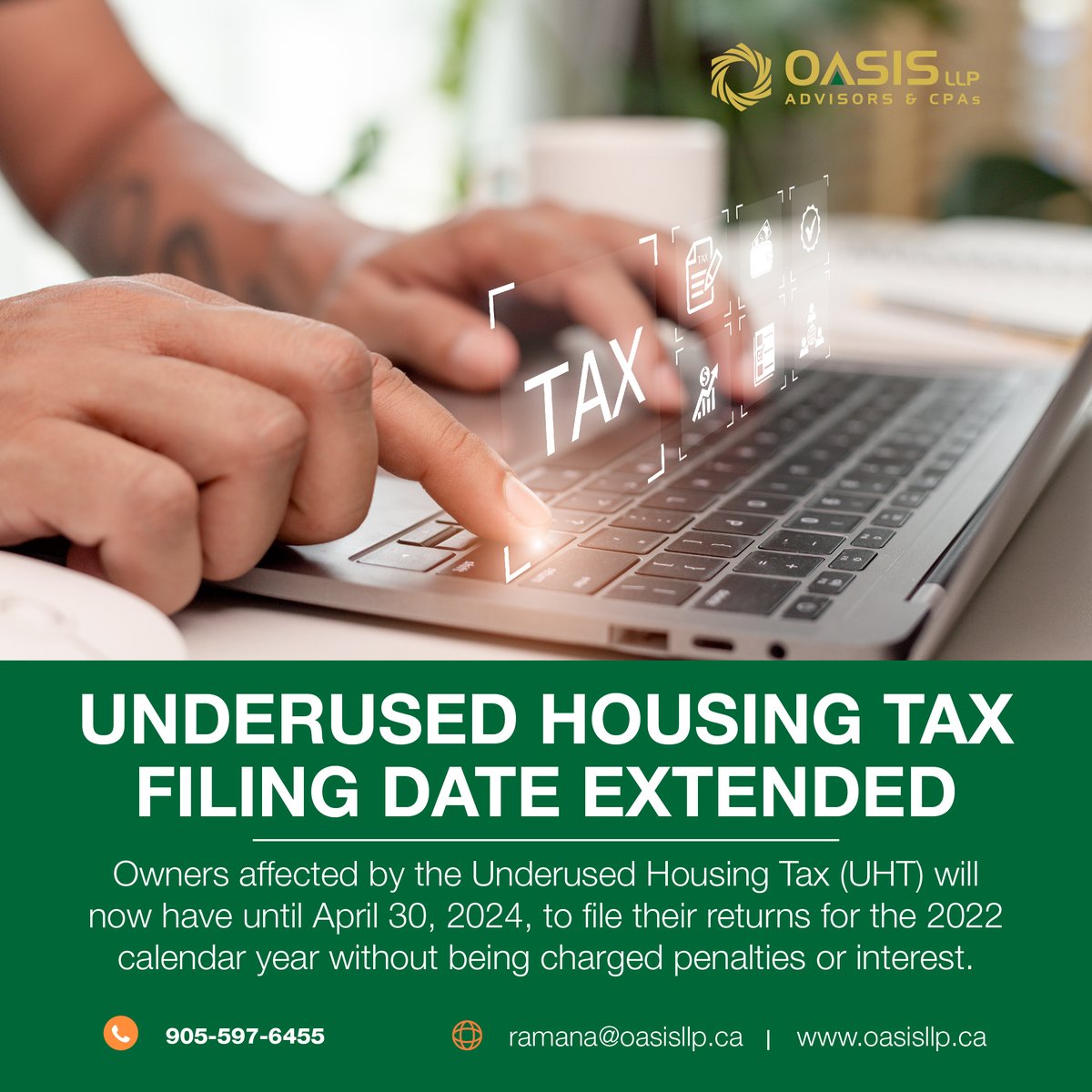 OasisLLP's tweet photo. UNDERUSED HOUSING TAX FILING DATE EXTENDED
Owners affected by the Underused Housing Tax (UHT) will now have until April 30, 2024, to file their returns for the 2022 calendar year without being charged penalties or interest.
#Tax #Housing #UHT #interest https://t.co/IwtSZptPBc