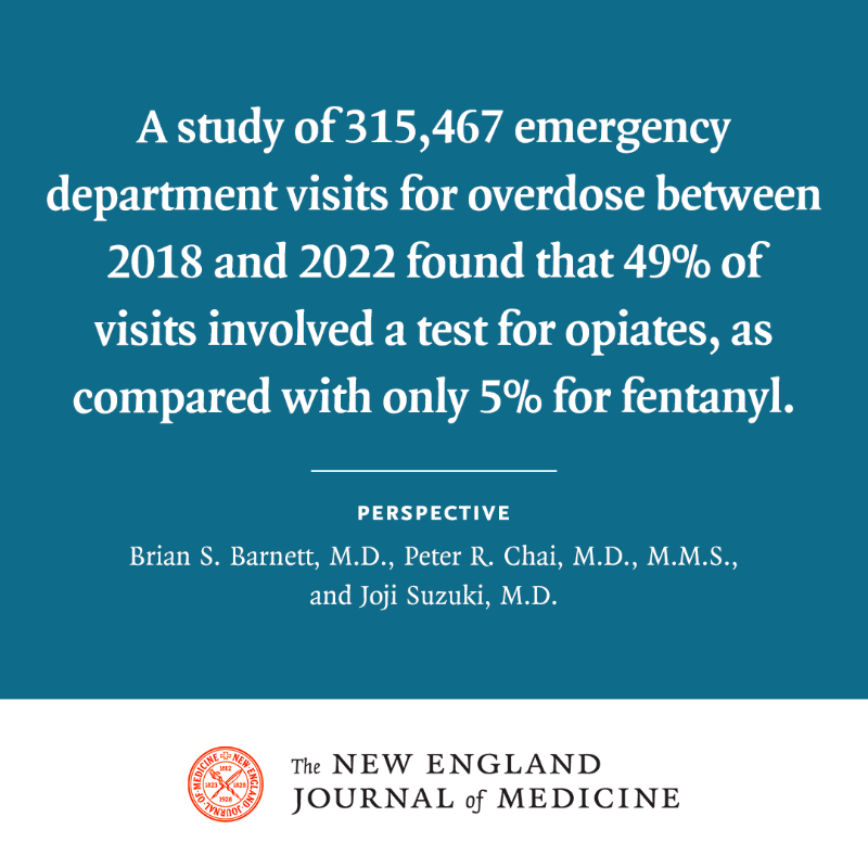 NEJM's tweet photo. Although fentanyl is now the dominant driver of the U.S. opioid epidemic, our health care system has struggled to adapt toxicology screening practices to this reality. Read the Perspective by Drs. @BrianBarnettMD, @PeterRchai &amp; Joji Suzuki: https://t.co/RquL3rIsYt