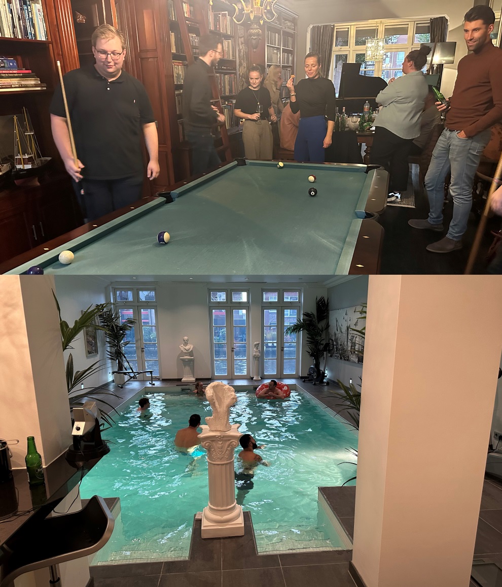 Eindemaandsborrel.Poolen, zwemmen, gezellig praten.Ben je programmeur en zoek je een vaste! baan waar je je thuis voelt en waar je gewaardeerd wordt door 50 collega's,die helpen bij verdere ontwikkeling? Bel met Sera.Met een beetje geluk kunnen we ook nog voor woonruimte zorgen.