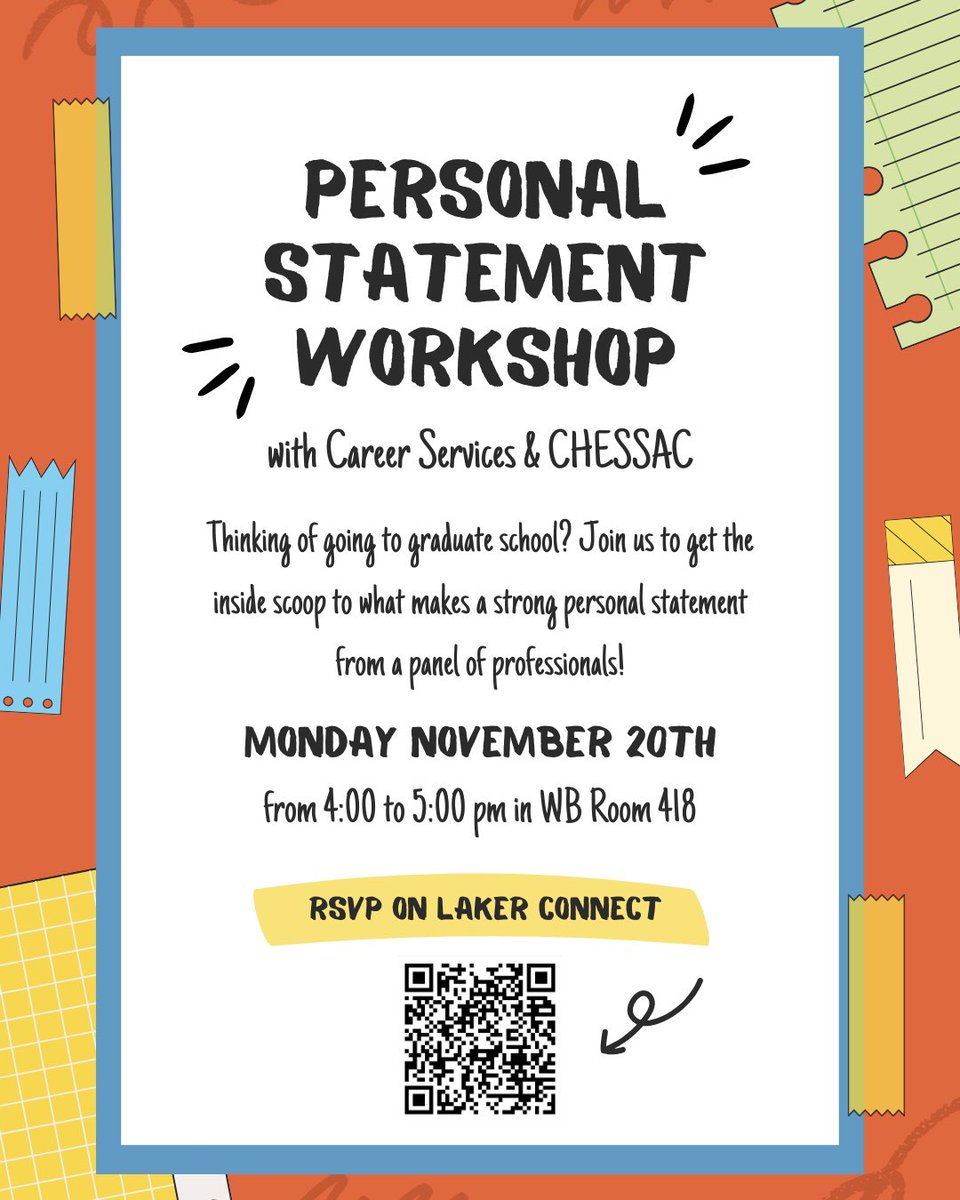Applying to graduate school?
Looking to for ways to strengthen your personal statement?
Join the Office of Career Services and CHESSAC to get the inside scoop to what makes a strong personal statement from a panel of professionals!
The workshop is on Nov 20 at 4pm - 5pm in WB 418
