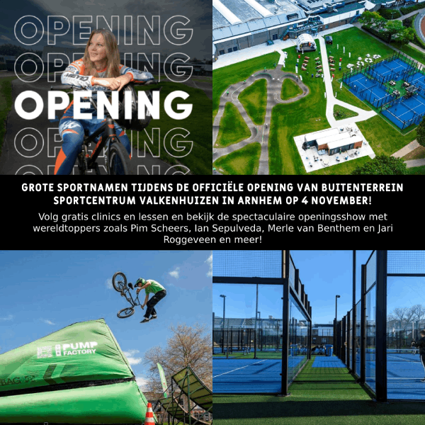Grote sportnamen, clinics en meer tijdens officiële opening buitenterrein Sportcentrum Valkenhuizen in #Arnhem op 4 november! #bmx #pumptrack #fitness #padel bit.ly/3s8nXwn