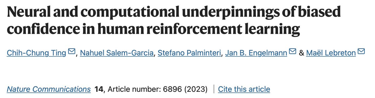 ✅New paper (with @NahuelSalem , @StePalminteri , @jbengelmann and @mael_lebreton) is now available online nature.com/articles/s4146… This time, we investigated the role of the ventromedial prefrontal cortex (VMPFC) and dorsomedial prefrontal cortex (DMPFC) in confidence formation.