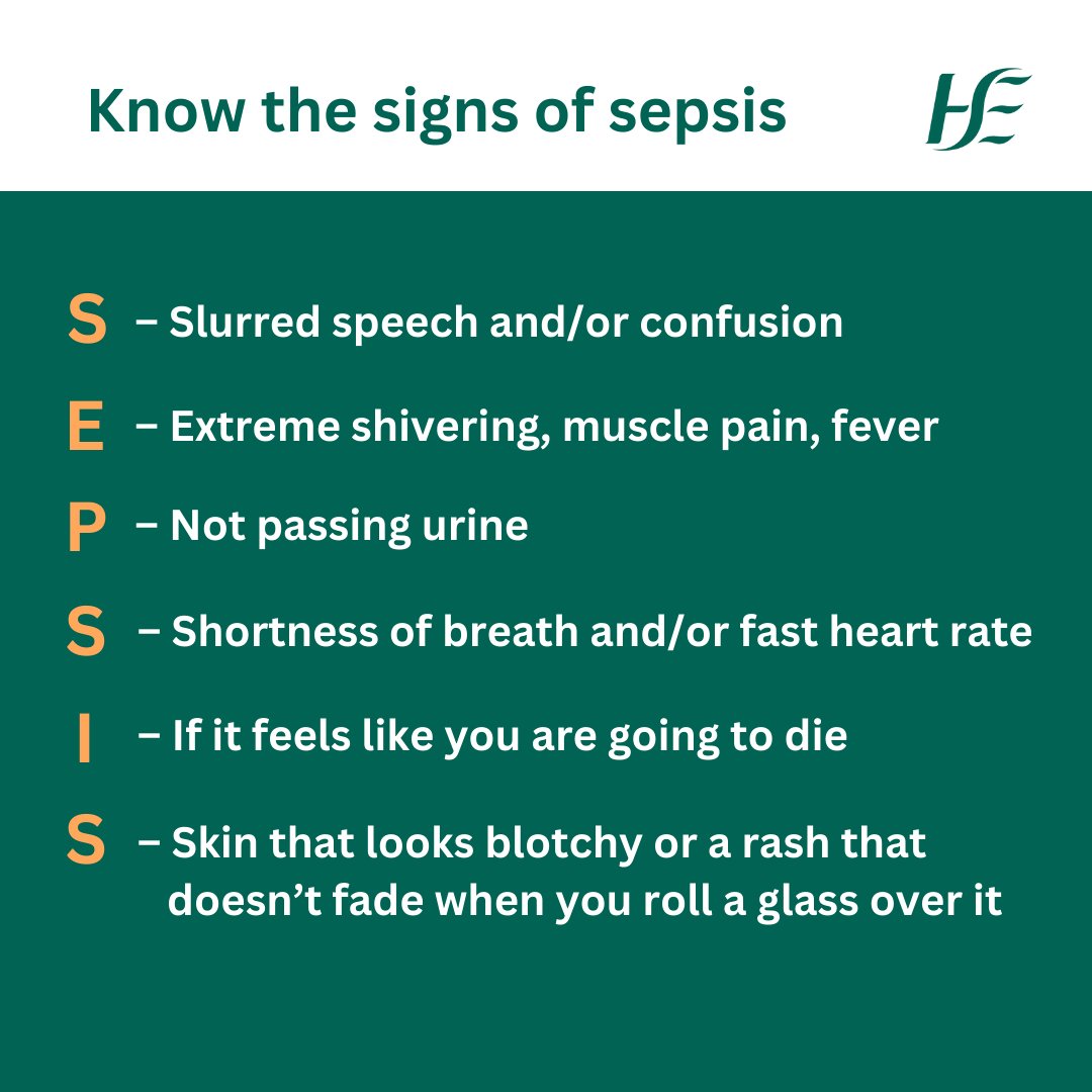 Sepsis is a life-threatening condition triggered by infection that affects the function of the organs. It is treated most effectively if recognised early.

For more information on the signs and symptoms of sepsis, visit: www2.hse.ie/conditions/sep…

#RecogniseSepsis