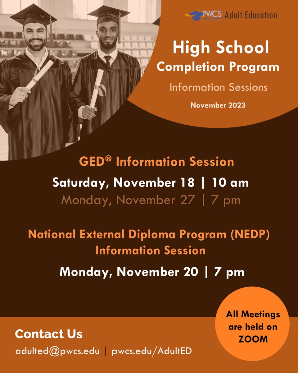 We have information sessions coming up this month for our High School Completion Programs—the National External Diploma Program and the GED®.

If your goal is to earn your high school credits—register!

All registration links are available on our Link Tree
linktr.ee/pwcsadulted