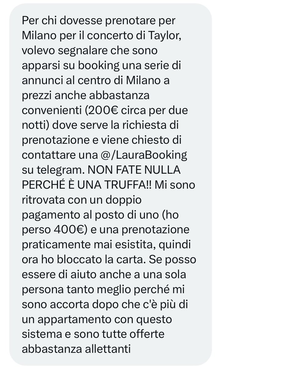 amici mi prendo un secondo per segnalarvi questa truffa per quanto riguarda gli annunci degli alberghi a milano… questa ragazza mi ha segnalato questo problema e volevo condividerlo con voi per evitare che capiti anche ad altre persone STATE ATTENTI