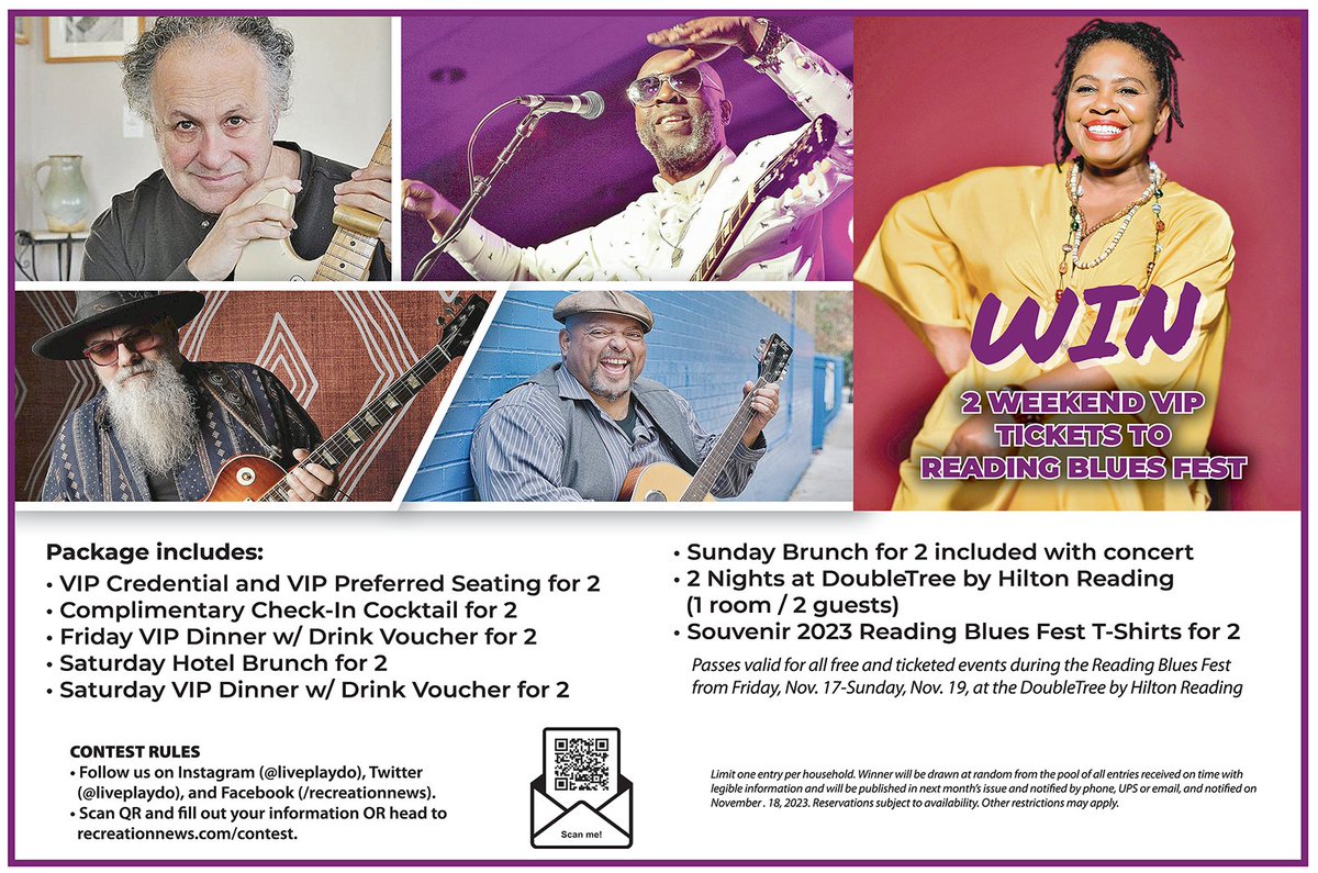 LivePlayDo's tweet image. WIN 2 WEEKEND VIP TICKETS TO READING BLUES FEST

Our November giveaway contest is up. For more info and to enter go to recreationnews.com/contest/