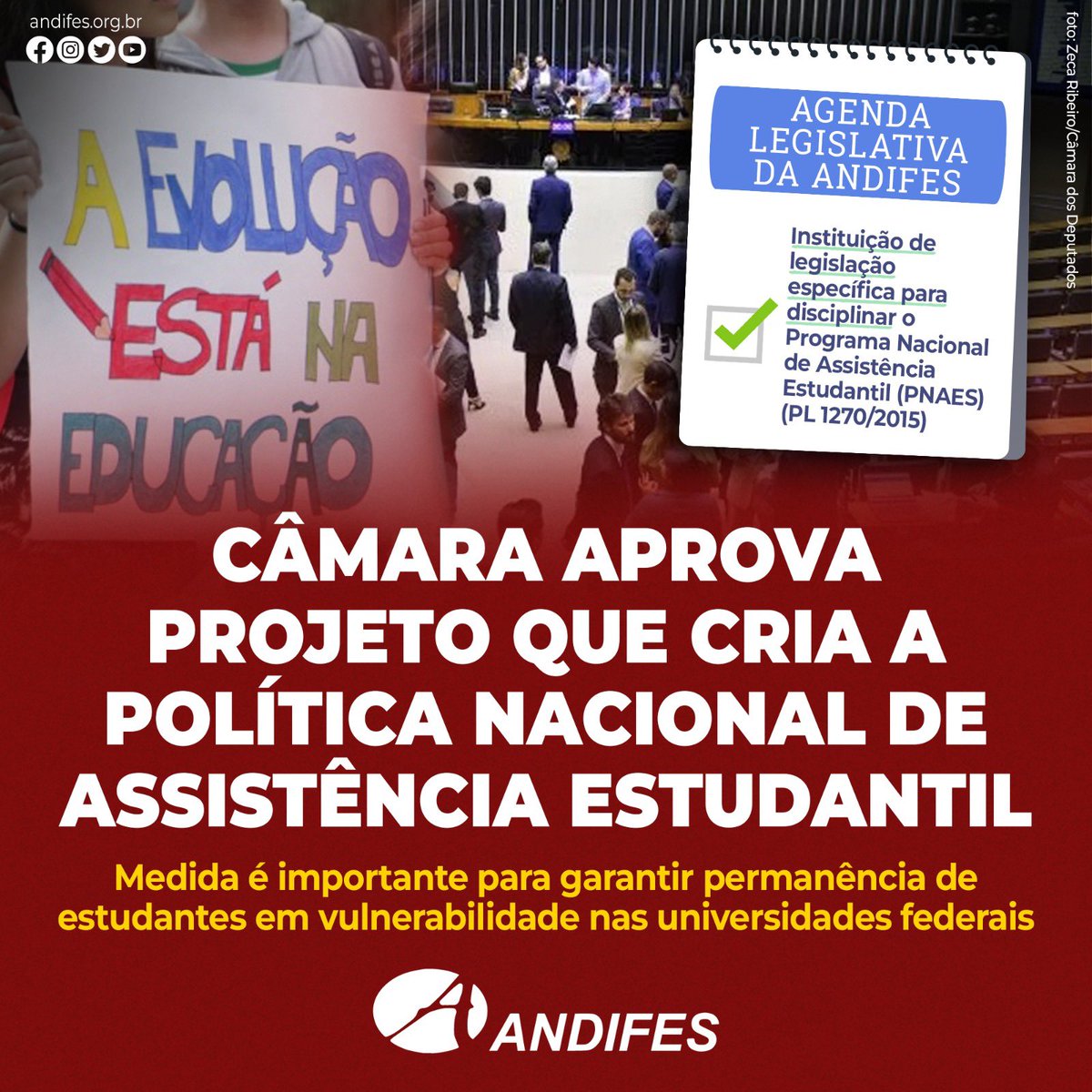 Andifes's tweet photo. A Câmara dos Deputados aprovou o projeto que cria a Política Nacional de Assistência Estudantil (#PNAES). O objetivo é garantir condições de permanência a estudantes em cursos de educação superior. A proposta ainda será analisada pelo Senado. 

Saiba mais: https://t.co/b2Mqa21E58 https://t.co/TB4yOI9tn0