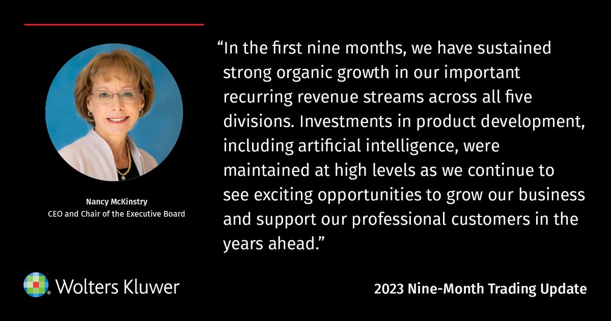 Our nine-month revenues show a 4% increase in constant currencies and a 5% growth organically! Learn more in Wolters Kluwer's 2023 Nine-Month Trading Update: ow.ly/f0I050Q2WHi

 #WoltersKluwer #TradingUpdate #Growth