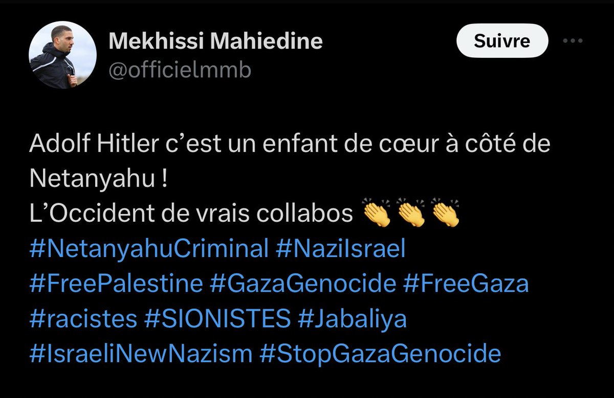 Meyer_Habib's tweet photo. « Hitler enfant de chœur à côté de Nétanyahou » 

Le sportif antisémite Mahiedine Mekhissi souille le maillot français et déshonore le sport tricolore !!!

Le Comite Olympique retire des médailles pour dopage, il devrait le faire aussi pour antisémitisme ! 

@AOC1978 madame la ministre il faut demander des sanctions au CIO, les médailles de ce sinistre individu doivent être retirées !

Après l’insulte contre Netanyahou de “nazi sans prépuce” d’un pseudo humoriste mais vrai antisémite de France Inter, la nazification d’Israël continue sur notre sol  ! 

Stop a la nazification d’Israël et à la haine des juifs en France ! C’est une honte absolue ! 

France réveille toi! La République est attaquée, au bord du gouffre, il est peut être déjà trop tard !!

PS: Pourquoi tant de haine envers le premier ministre israélien alors que son frère est mort pour sauver des otages notamment français lors de la prise d’otage d’un avion Air France à Entebbe par le terrorisme palestinien ? Cette famille a payé le prix du sang pour sauver des vies françaises!