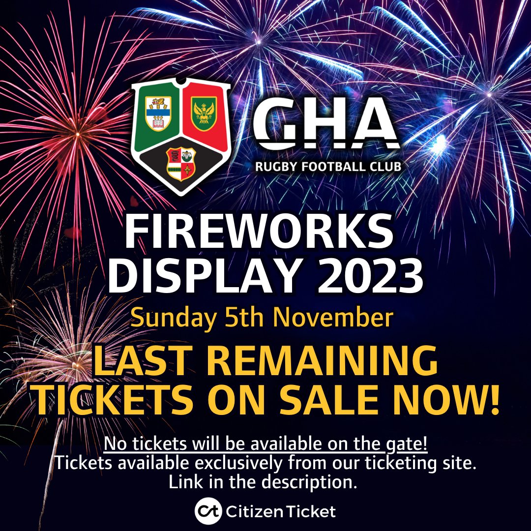 🎇Last chance to get your tickets for this Sunday's GHA Fireworks display!🎇
PLEASE NOTE: tickets will not be available on the night.
Our final few tickets &amp; event details are available online through our <a href="/citizenticket/">Citizen Ticket</a> event page: tikt.link/GHAFireworks23

#GHARugby #fireworks
